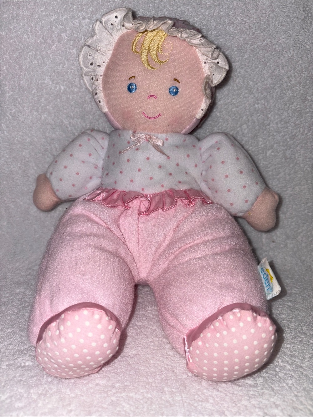 Eden Pink Doll Terry Plush Bonnet 12" Blonde Crinkle Rattle Baby Lovey